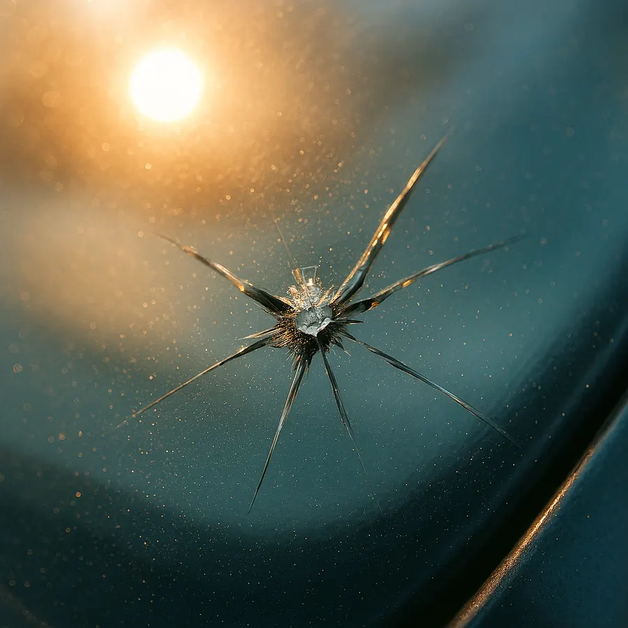 Rock chip crack on a windshield requiring repair