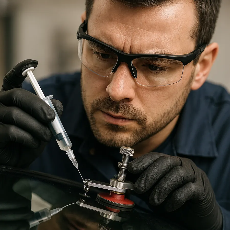 Auto glass technician performing precision windshield repair
