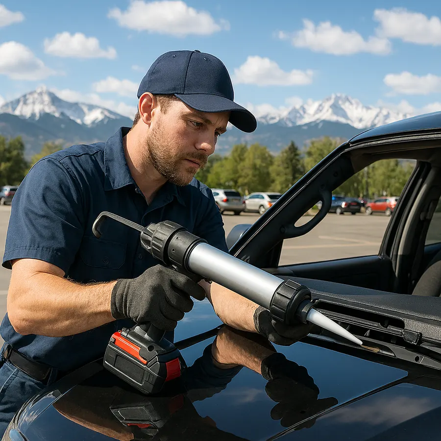 Auto glass technician replacing windshield with Colorado mountains in background